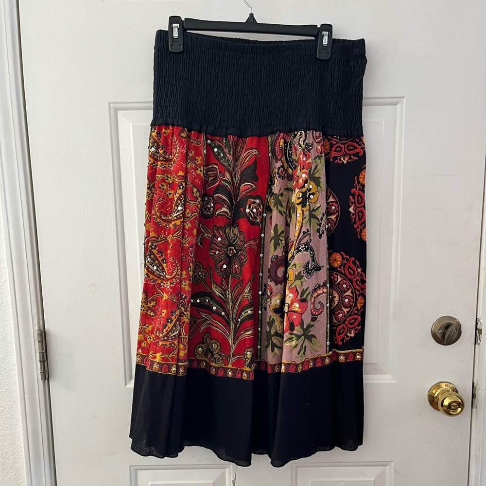 Dimri Floral 100% Cotton Sequined  Boho Bohemian Smocked Hippie Skirt Sz  XL
